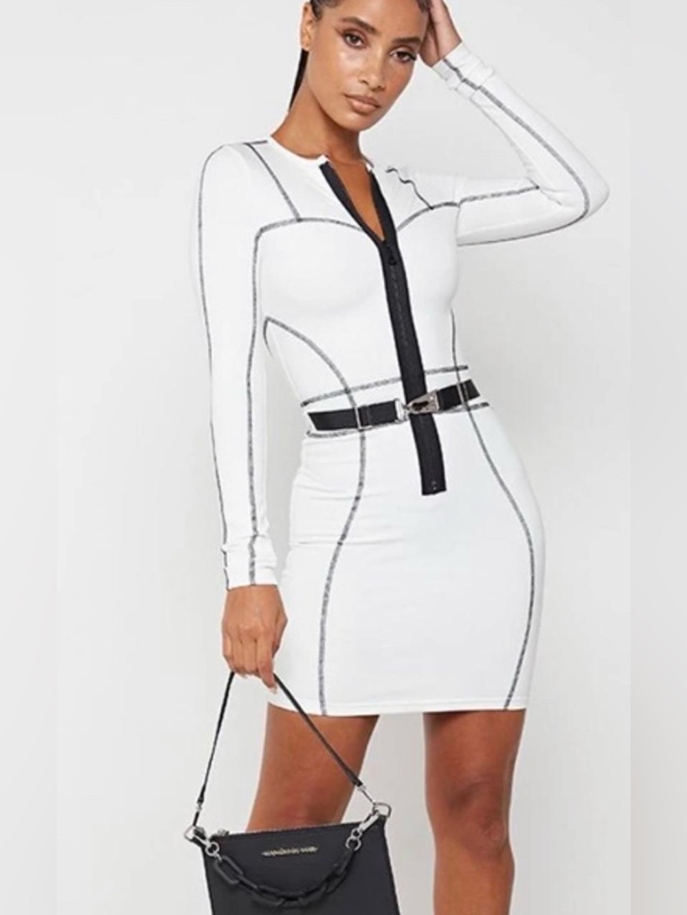 Manière De Voir White Waist Snatching Bodycon Zip Front Mid Dress- Size Small
